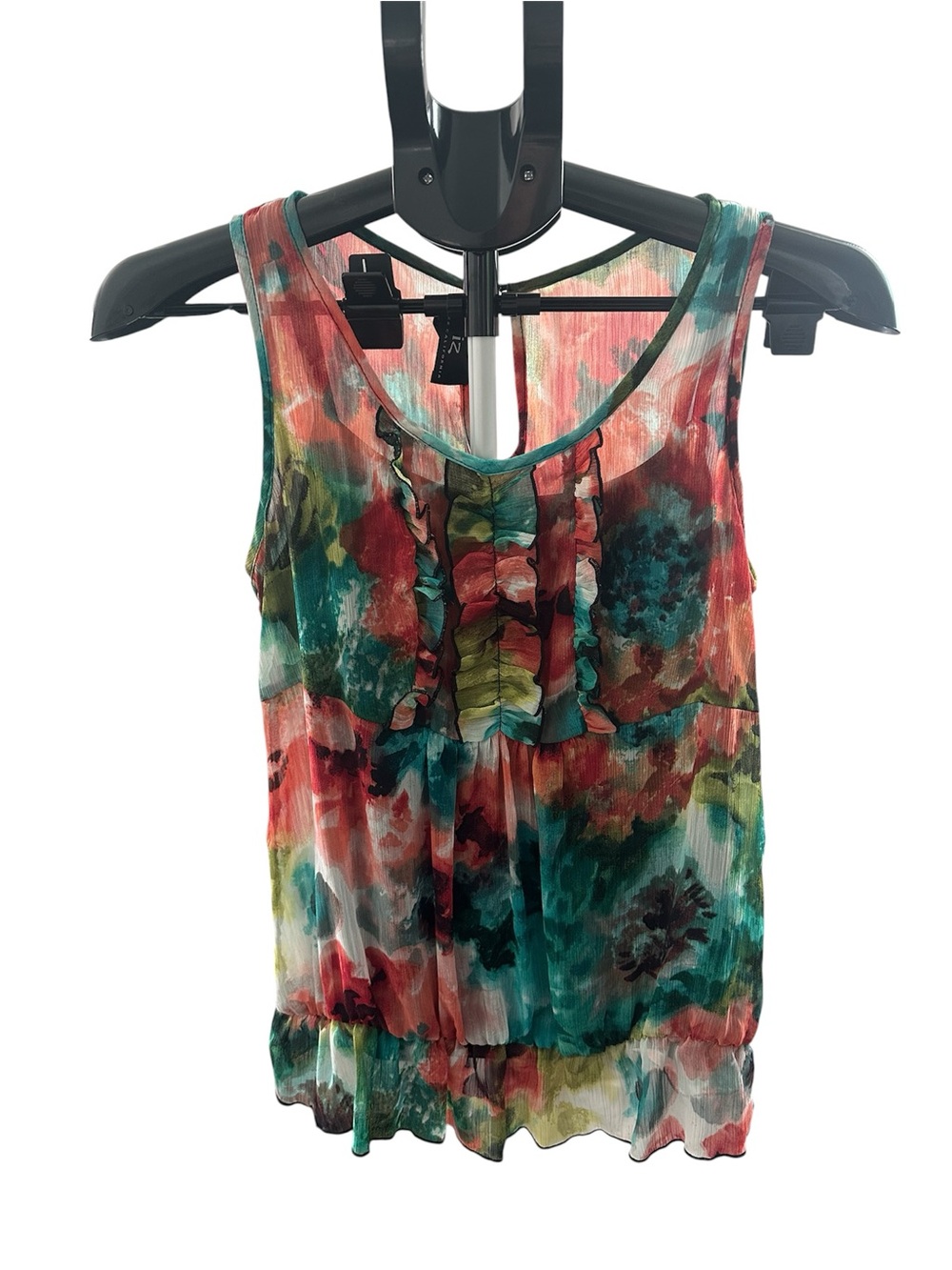IZ Byer California Y2K Sheer Watercolor Design Top Layered Smocked SZ M 90s Art